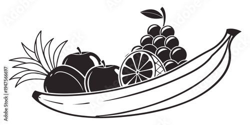 A vibrant assortment of fresh fruits artfully arranged on a banana leaf