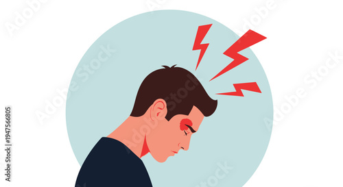 Man suffering from severe headache or migraine with red lightning bolts representing pain and stress illustration