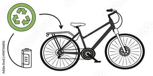 A bicycle with eco-friendly symbols indicating recycling and sustainability.