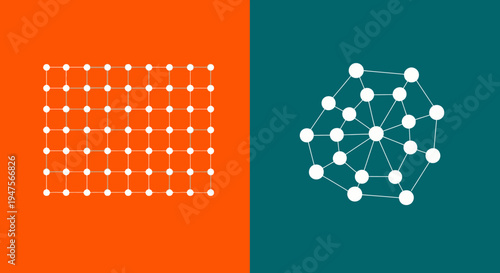 Abstract Comparison of Network Structures, Rigid Linear Grid vs Complex Connected Web on Split Orange and Teal Background, Concept of Data Connectivity and Innovation