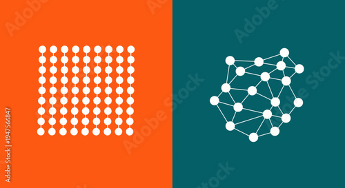 Abstract Illustration Comparing Rigid Structure and Complex Interconnected Network, Concepts of Organization vs Chaos on Split Orange and Teal Background