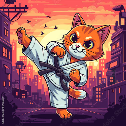 Karate Cat Martial Arts Master Ginger Kitten High Kick City Sunset Illustration