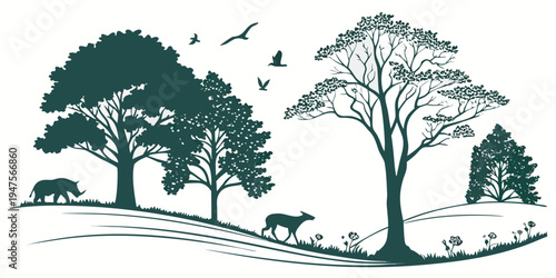 A serene landscape featuring various animals and trees in a natural setting.