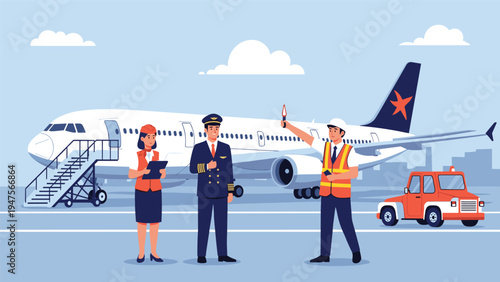Airport runway scene with professional crew members including a pilot, flight attendant, and ground technician with signals.