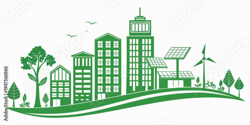A vibrant cityscape with green buildings and renewable energy sources