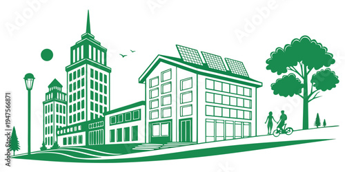 A vibrant cityscape with modern buildings and lush greenery