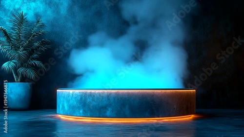 Modern illuminated hot tub with steam in a stylish room