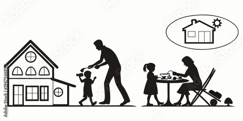 A family of four enjoying time together at home with their dog