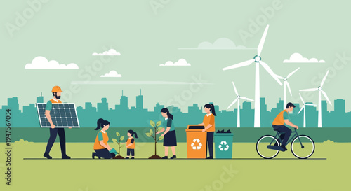 Sustainable Green City Lifestyle with People Planting Trees, Recycling, Using Solar Energy, and Wind Turbines for Environmental Conservation Vector Illustration