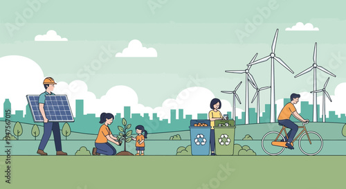 Sustainable Green City Living Illustration with People Planting Trees, Recycling, Using Solar Panels, and Wind Turbines for Clean Renewable Energy and Environmental Protection