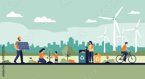 Sustainable City Concept Illustration with People Using Solar Energy Planting Trees Recycling and Cycling for Green Living Environment