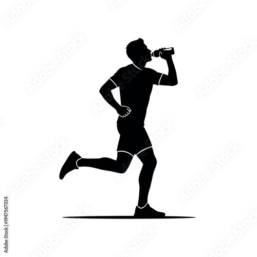 Silhouette of a male runner drinking from a bottle.