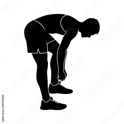 Silhouette of a man tying his shoelaces preparing for a run or exercise.
