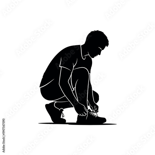 Silhouette of a man tying his shoelaces preparing for a run or workout.