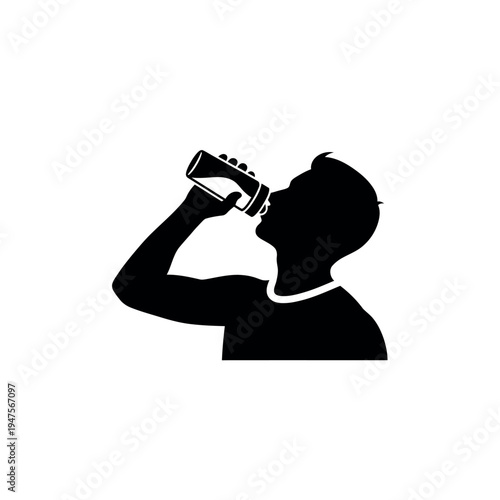 Silhouette of a person drinking from a bottle.