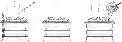 サウナストーンに水をかけるロウリュのペン画イラスト