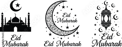 Eid Mubarak illustrations with mosque silhouette, crescent moon, lantern, stars, Islamic art, festive celebration, cultural heritage, spiritual symbolism