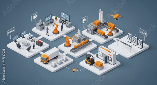 Isometric Smart Factory and Supply Chain Management System with Automated Robots, Logistics, and Drone Delivery Concept