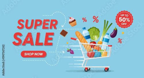 Super Sale Grocery Shopping Banner with Full Cart and 50 Percent Off Discount Label for Supermarket Promotion