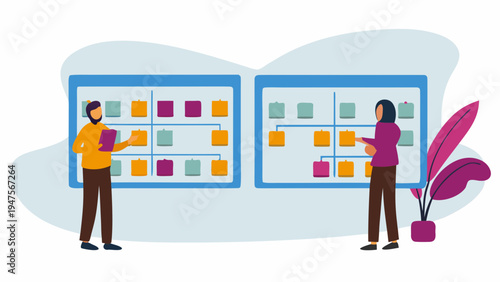 Flat vector illustration of two people planning project management with colorful sticky notes on boards