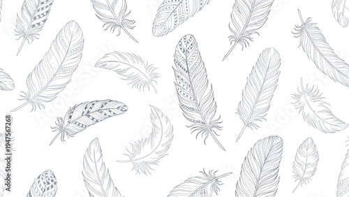 Seamless pattern of various bird feathers with intricate black and white hand-drawn details on a clean white background.