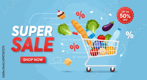 Grocery Supermarket Online Sale Banner Template with Shopping Cart Full of Fresh Food, Vegetables, and Bread on Blue Background