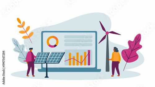 Sustainable tech analysis on laptop with solar panel and wind turbine eco friendly graphics