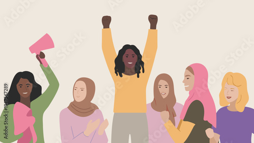 Diverse group of women celebrating success together with joyful expressions and fists raised in triumph