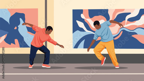 Two young men performing urban breakdance or hip hop moves in a professional studio with colorful abstract backgrounds.