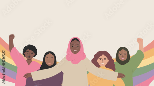 Diverse women celebrating cultural unity and togetherness with arms around each other in colorful clothing