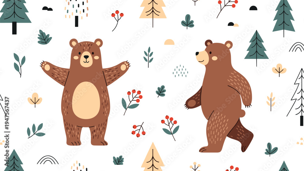 Naklejka premium Cute seamless pattern of brown bears, pine trees, and various forest plants for children textile and wallpaper design.