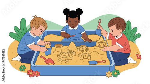 Group of diverse toddlers playing together in a large blue sandbox with various molds and building complex sand structures.