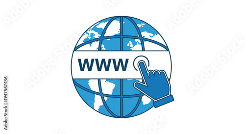 Blue and white flat design vector illustration of a globe with a 'www' search bar and a clicking hand cursor, representing internet browsing and global connectivity.