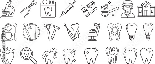 Dental care icons set with tooth surgery and hygiene tools eps 10