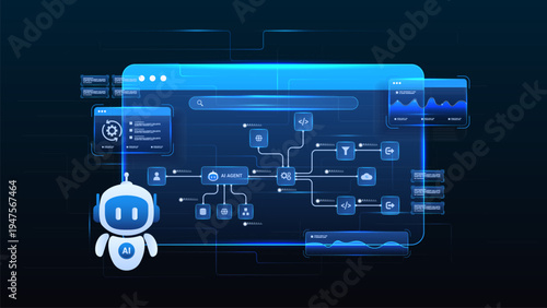AI workflow automation artificial intelligence. ai bot automation diagram dashboard machine learning architecture data pipelines, processing flow, analytics panels and automation system.
