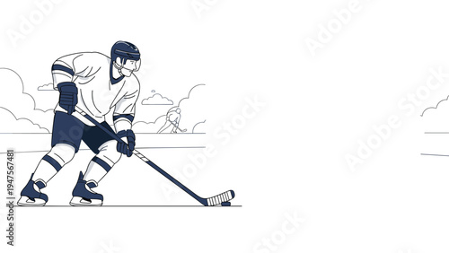 Professional ice hockey player in full equipment skating and handling a stick during an intense game on a white background.