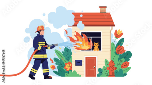 Brave firefighter using a water hose to extinguish a fire in a residential house where a pet cat is trapped in a window.