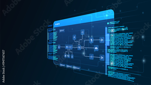AI workflow automation artificial intelligence. ai agent workflow diagram dashboard machine learning system with flow process, coding and automation system.