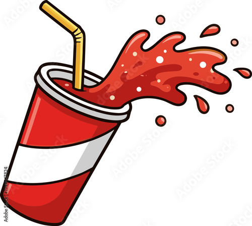 A red drink spills out of a paper cup with a straw.