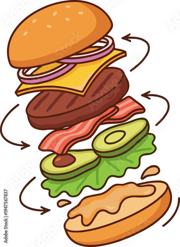 A colorful illustration of a disassembling bacon cheeseburger with avocado lettuce and tomato exploding apart in mid-air.
