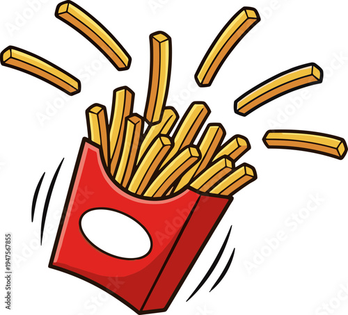 Cartoon fries spill out of red container in motion outdoors