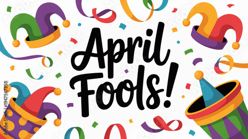 Colorful april fools' day celebration with jester hats and confetti on white background