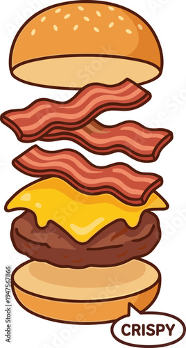 A delicious burger with crispy bacon strips and melted cheese.