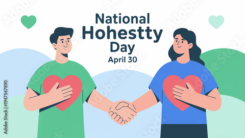 Two people shaking hands with hearts on their shirts for national honesty day