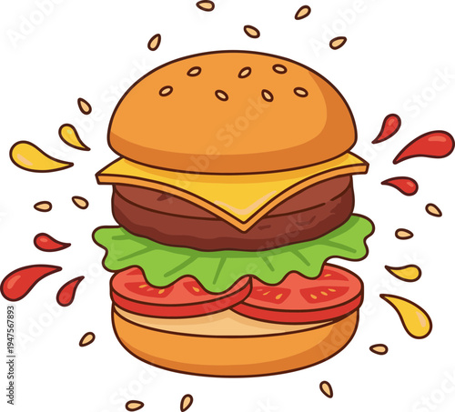 A juicy burger with cheese lettuce tomato and sauce is flying high