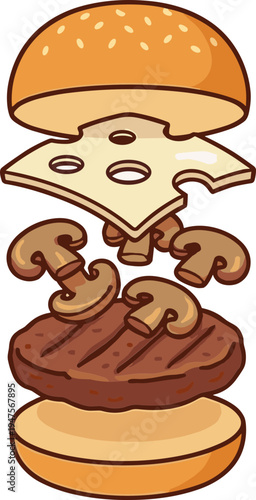 A cartoon illustration of a hamburger being assembled with cheese and mushrooms.