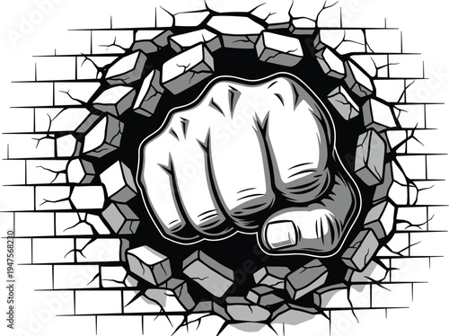 Fist punching wall illustration, strength barrier artwork, power vector design, bold graphic icon, black white determination symbol
