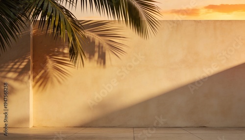 Palm leaf shadow on textured beige wall under warm golden hour sunset light