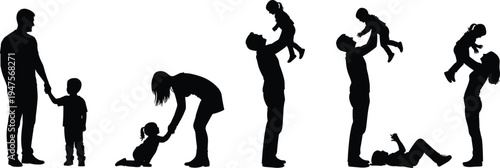 Parent child bonding illustration set, family interaction artwork, silhouette vector design, bold graphic icon, black white relationship symbol