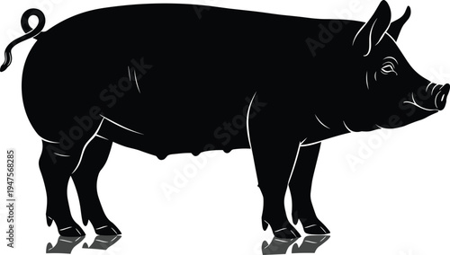 Pig silhouette illustration, livestock animal artwork, farm vector design, bold graphic icon, black white agricultural symbol